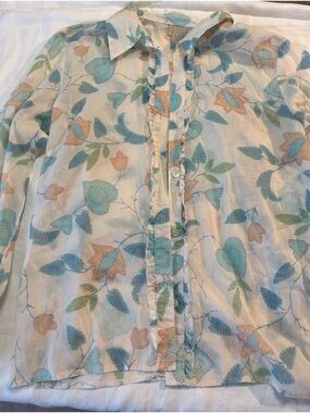 Sigrid Olsen Sport Silk Cotton Floral Ruffle Blouse Petite Medium PM Leaf Print